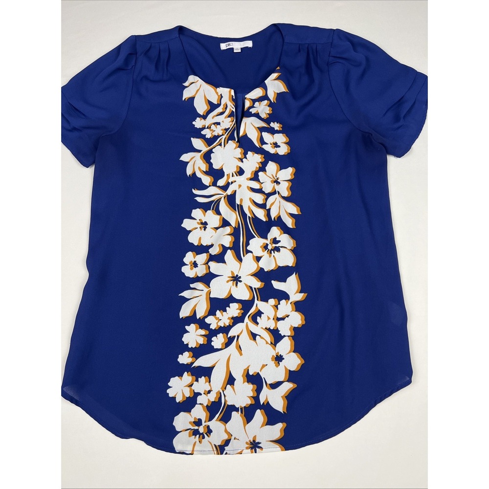 DR2 Blue Orange Floral Short Sleeve Blouse Top Women's Size M